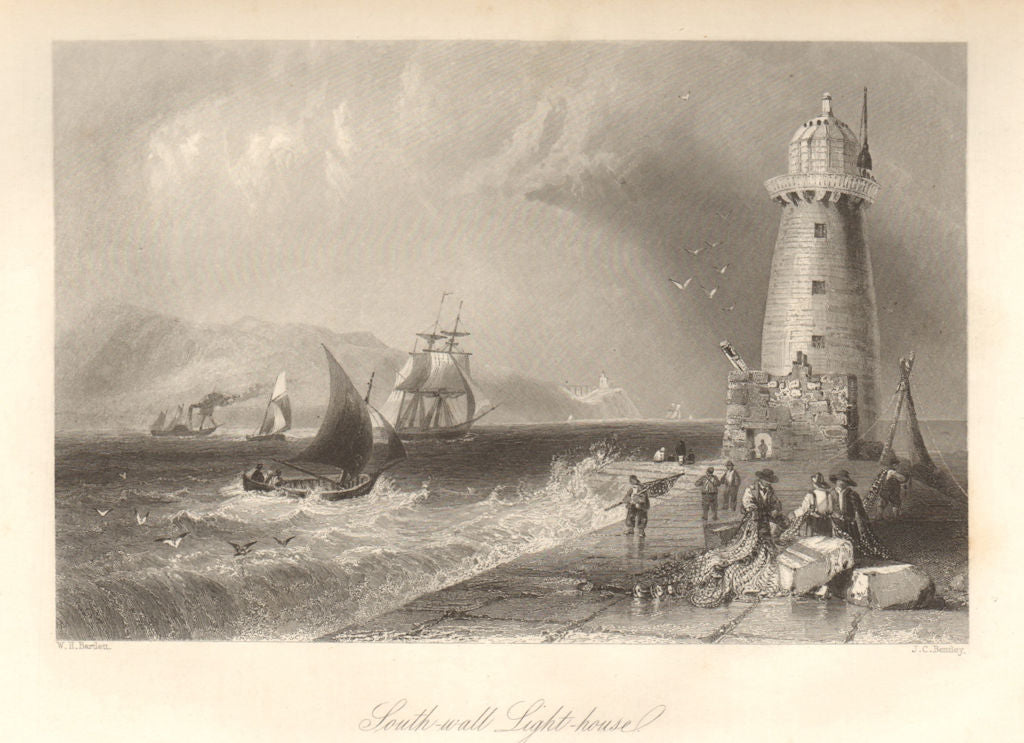 Poolbeg Lighthouse, Great South Wall, Dublin Bay, with Howth Head. Ireland 1843